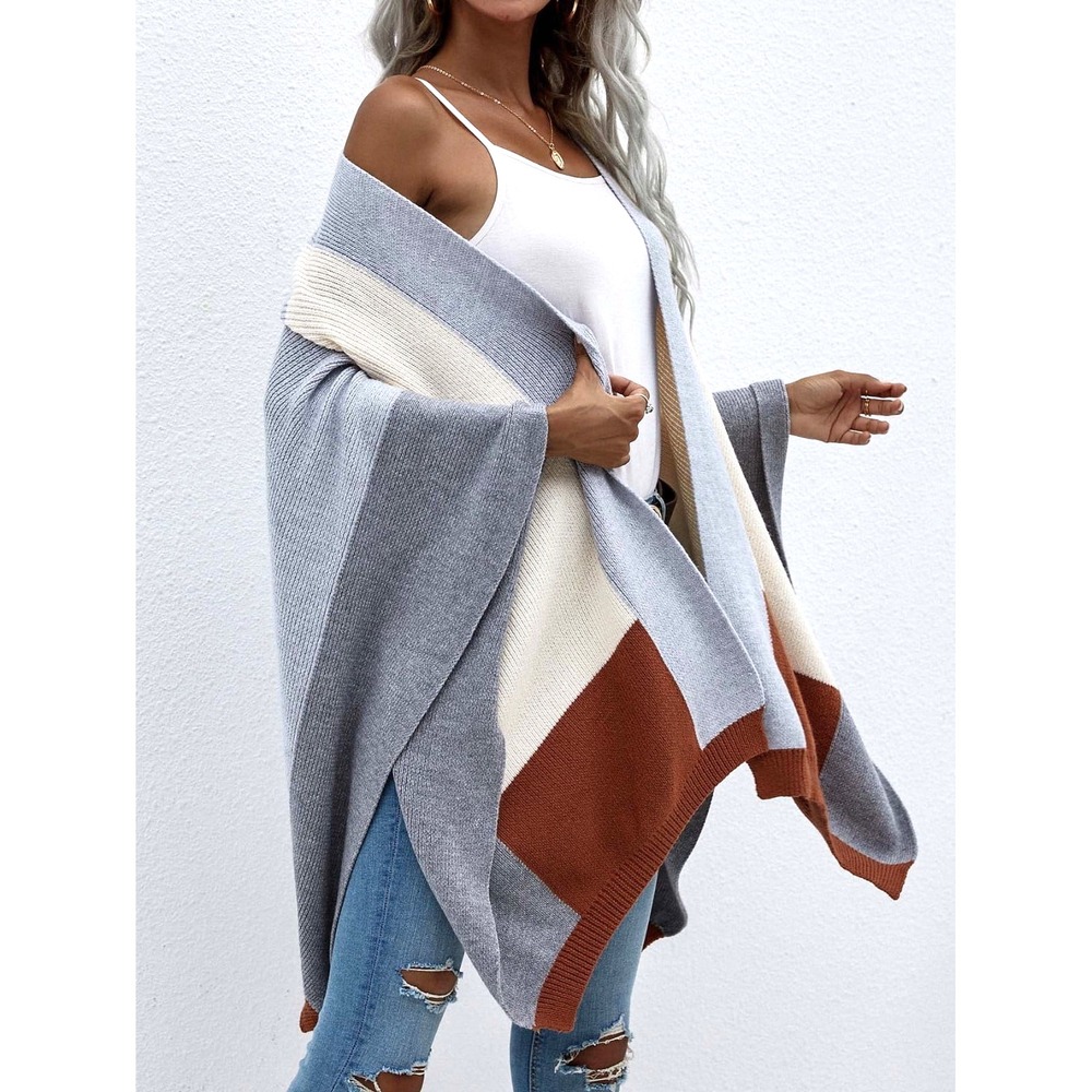 NWT C+D+M Light Grey/Multi COLOR BLOCK Open KNIT SWEATER WRAP PONCHO Sz OS
